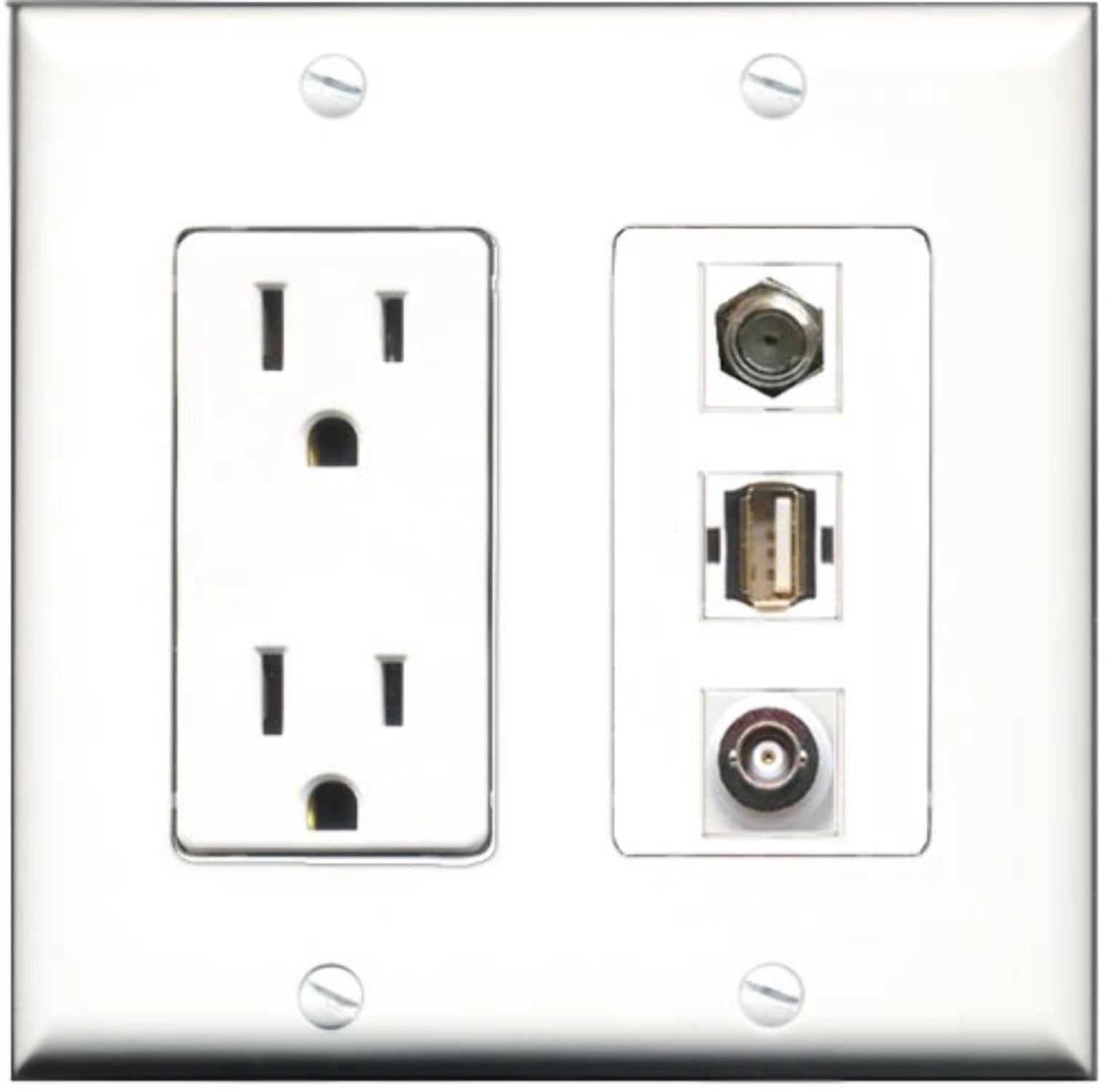 RiteAV - 15 Amp Power Outlet 1 Port Coax 1 Port USB A-A 1 Port BNC Decorative Wall Plate