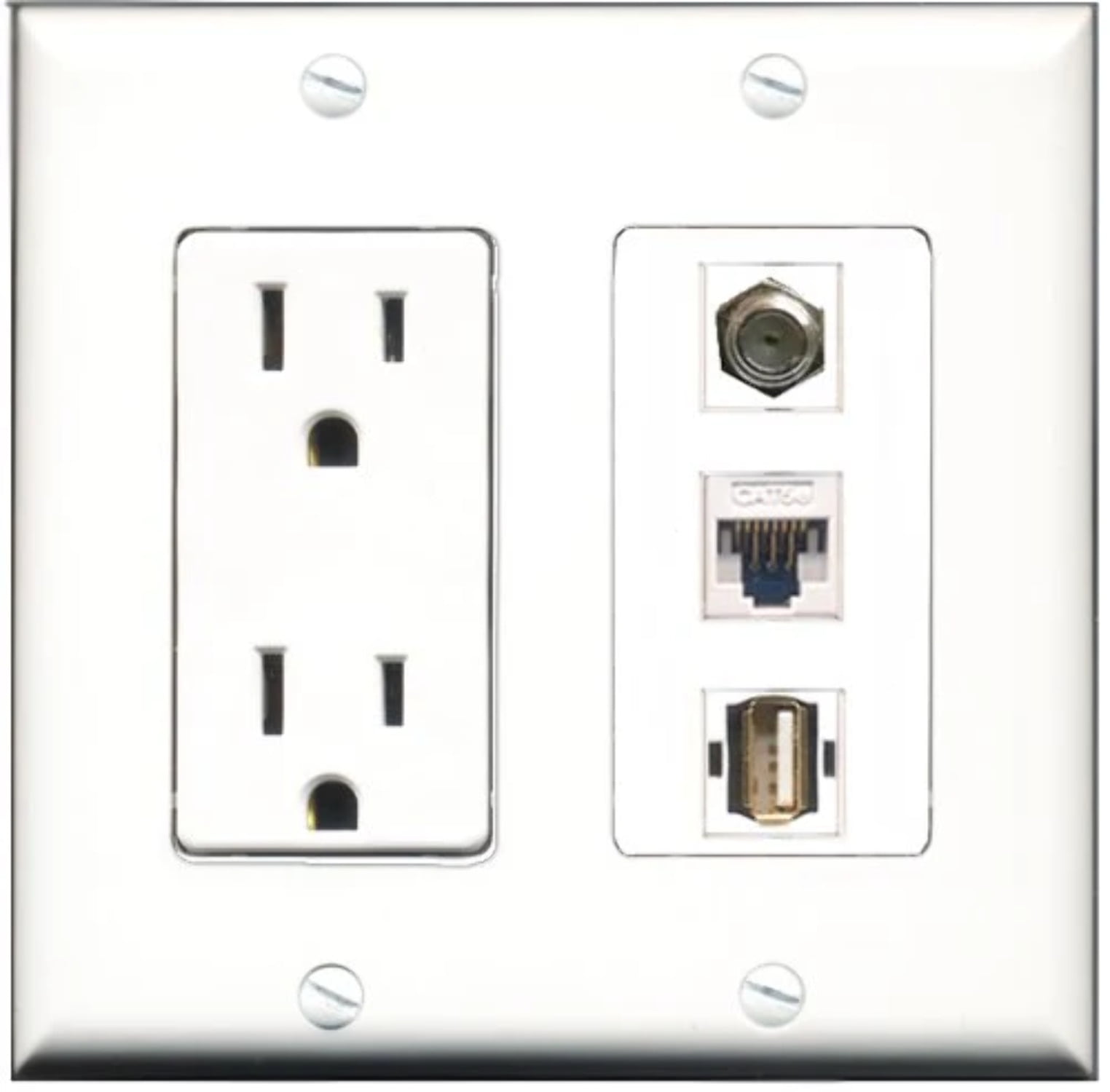 RiteAV - 15 Amp Power Outlet 1 Port Coax 1 Port USB A-A 1 Port Cat5e Ethernet White Decorative Wall Plate