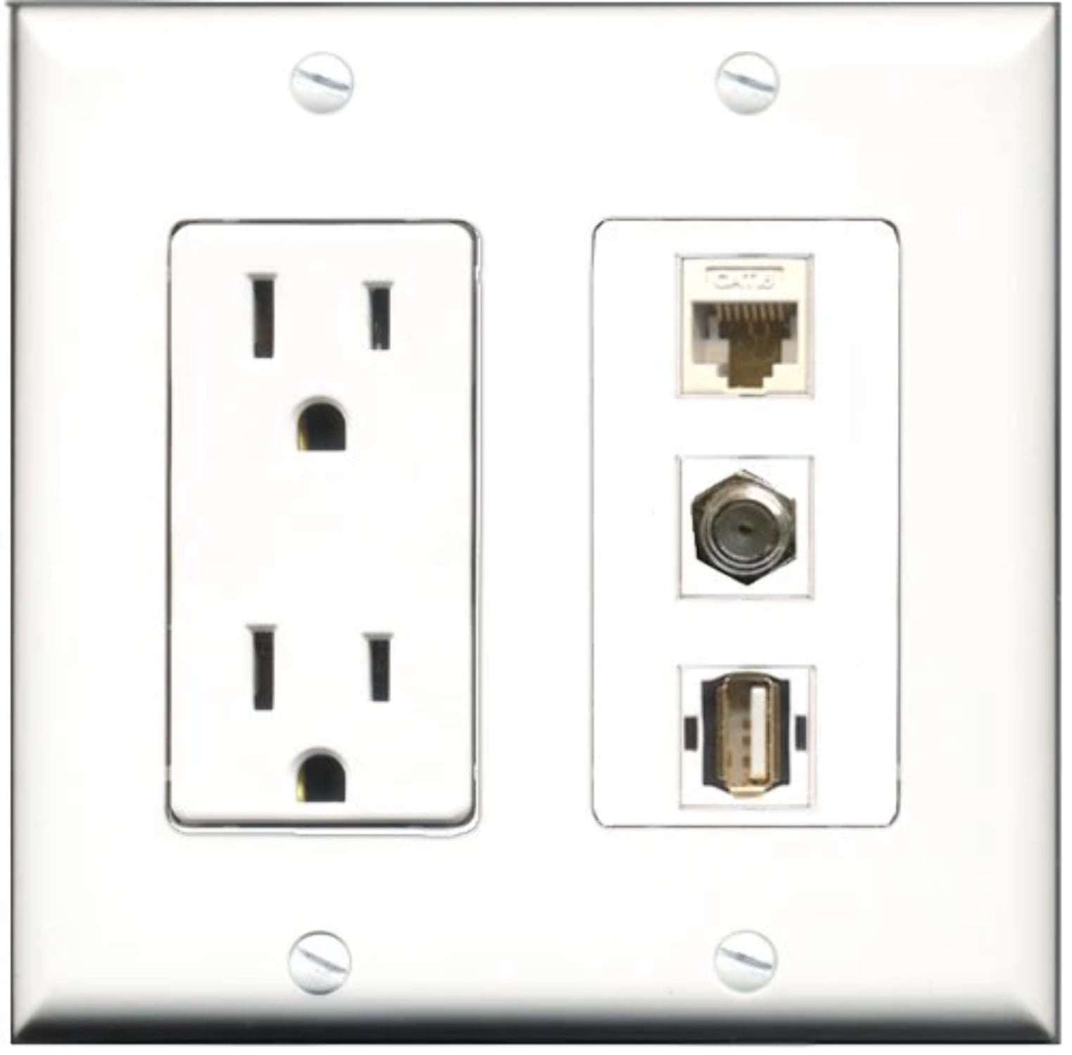 RiteAV - 15 Amp Power Outlet 1 Port Coax 1 Port USB A-A 1 Port Cat6 Ethernet Ethernet White Decorative Wall Plate