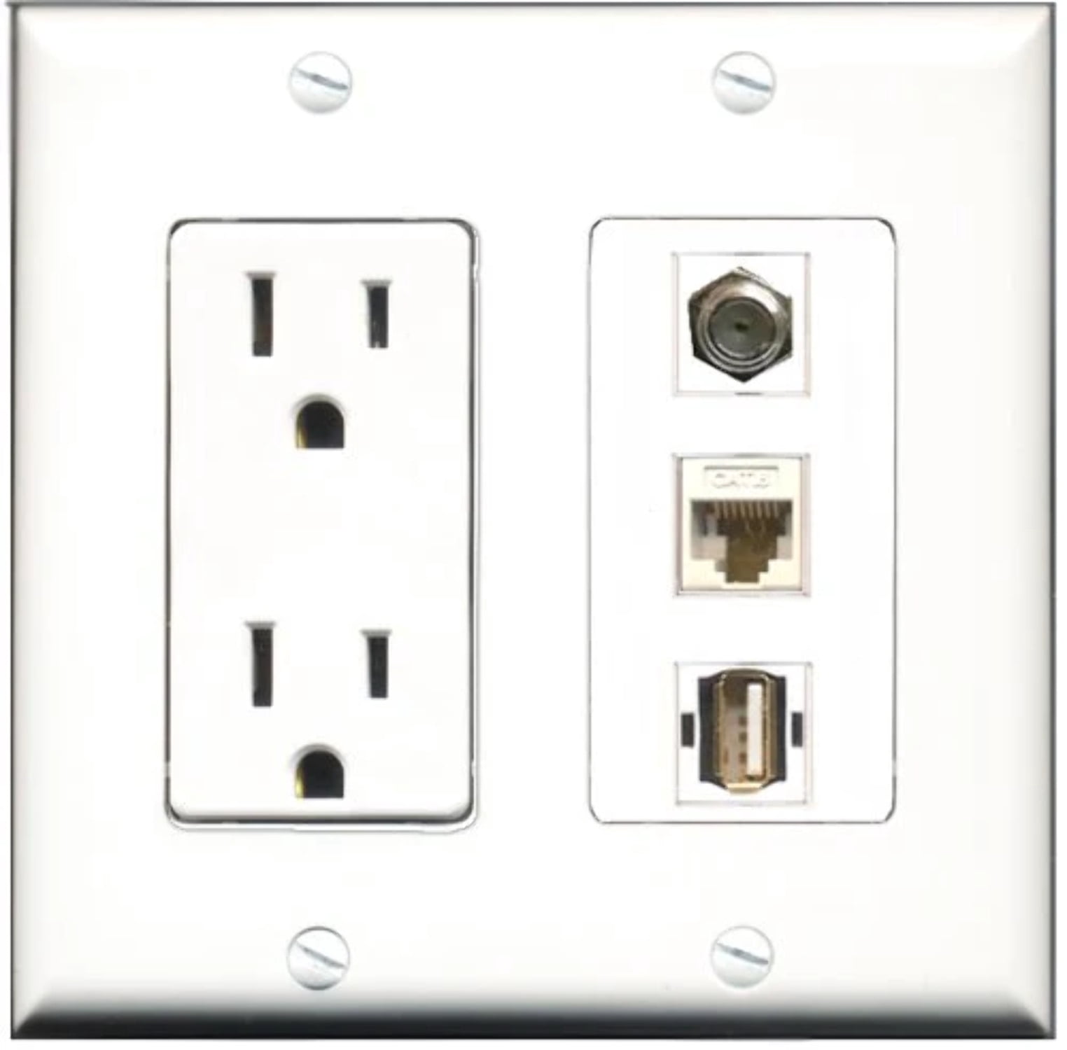 RiteAV - 15 Amp Power Outlet 1 Port Coax 1 Port USB A-A 1 Port Cat6 Ethernet Ethernet White Decorative Wall Plate