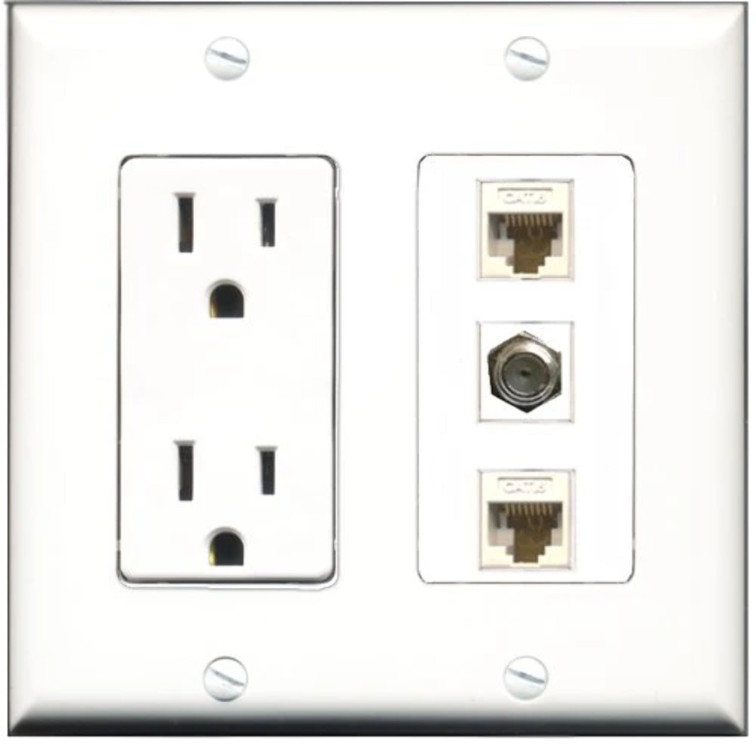 RiteAV - 15 Amp Power Outlet 1 Port Coax 2 Port Cat6 Ethernet Ethernet White Decorative Wall Plate