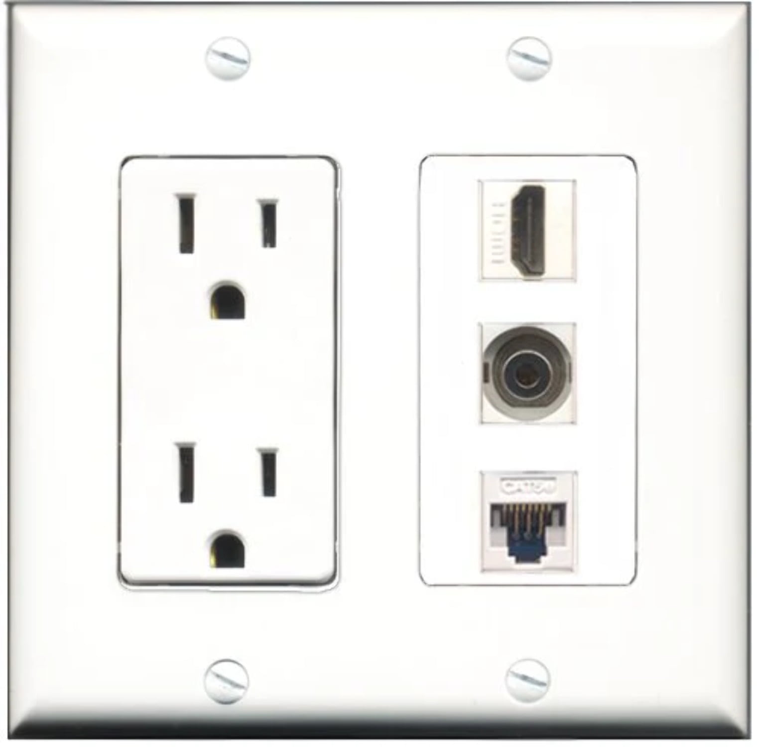 RiteAV - 15 Amp Power Outlet 1 Port HDMI 1 Port 3.5mm 1 Port Cat5e Ethernet White Decorative Wall Plate