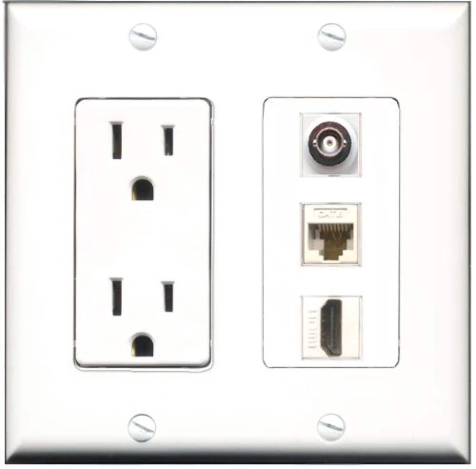 RiteAV - 15 Amp Power Outlet 1 Port HDMI 1 Port BNC 1 Port Cat6 Ethernet Ethernet White Decorative Wall Plate