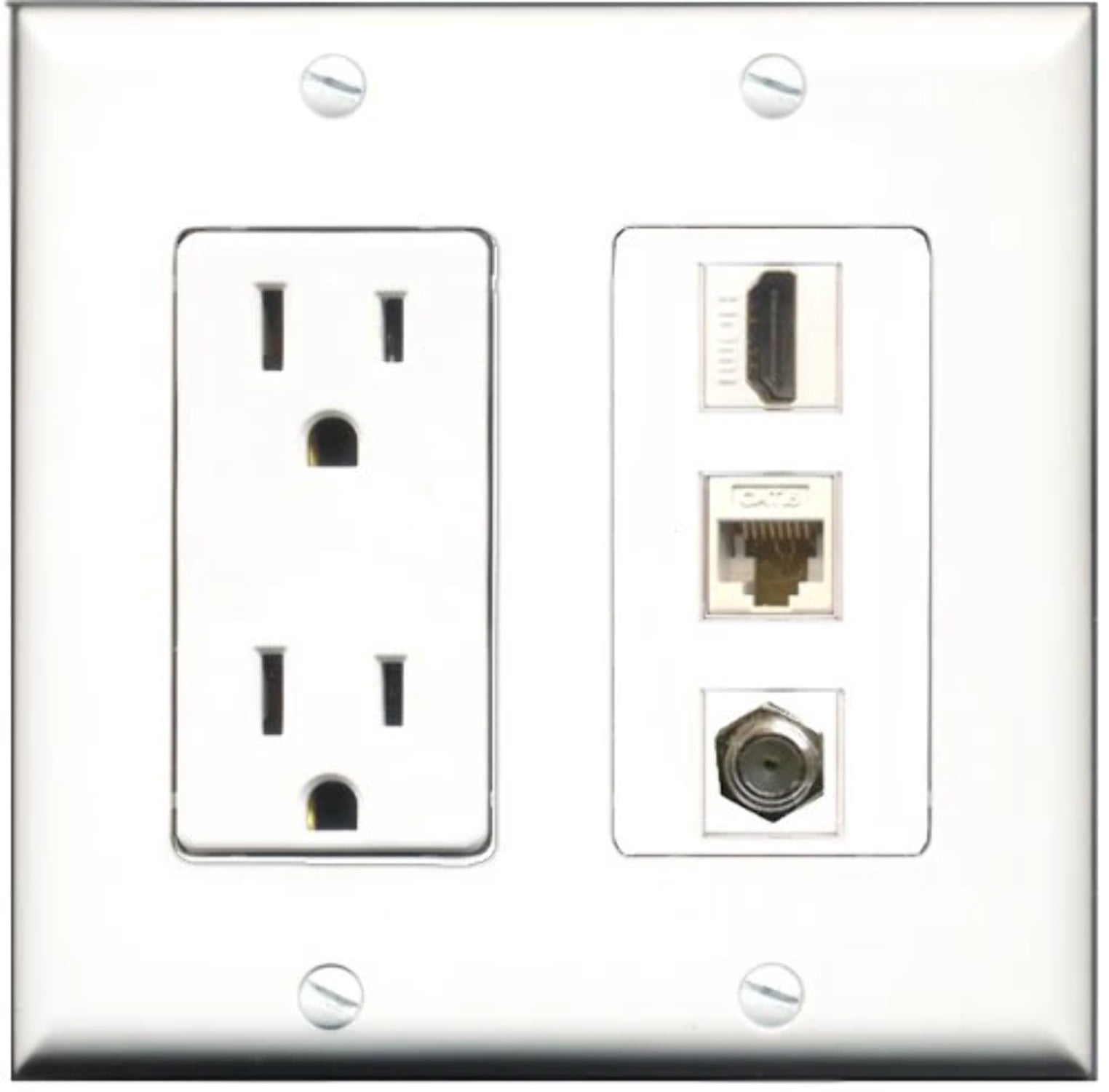 RiteAV - 15 Amp Power Outlet 1 Port HDMI 1 Port Coax 1 Port Cat6 Ethernet Ethernet White Decorative Wall Plate