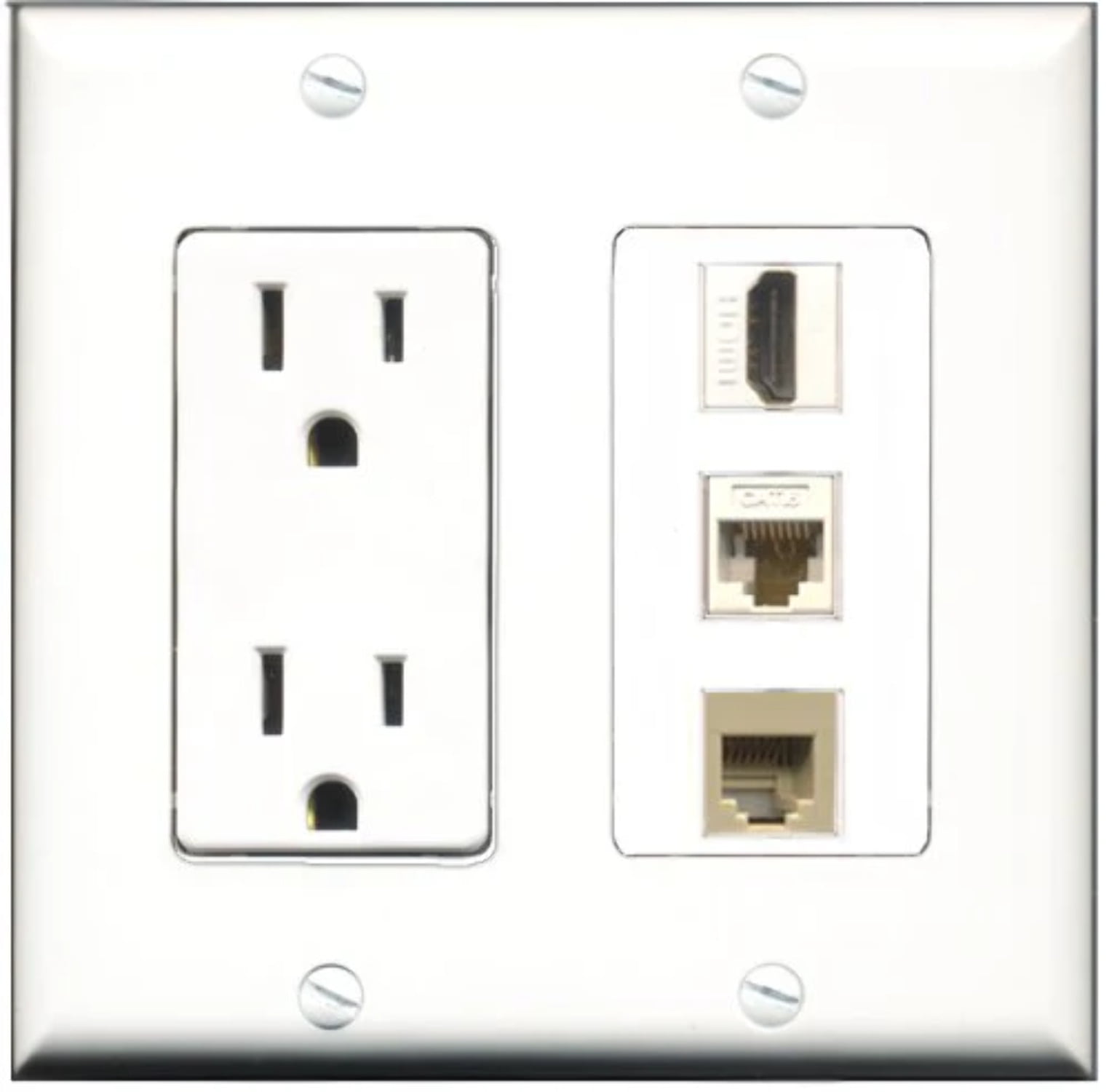 RiteAV - 15 Amp Power Outlet 1 Port HDMI 1 Port Phone Beige 1 Port Cat6 Ethernet Ethernet White Decorative Wall Plate