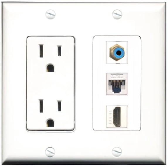 RiteAV - 15 Amp Power Outlet 1 Port HDMI 1 Port RCA Blue 1 Port Cat5e Ethernet White Decorative Wall Plate