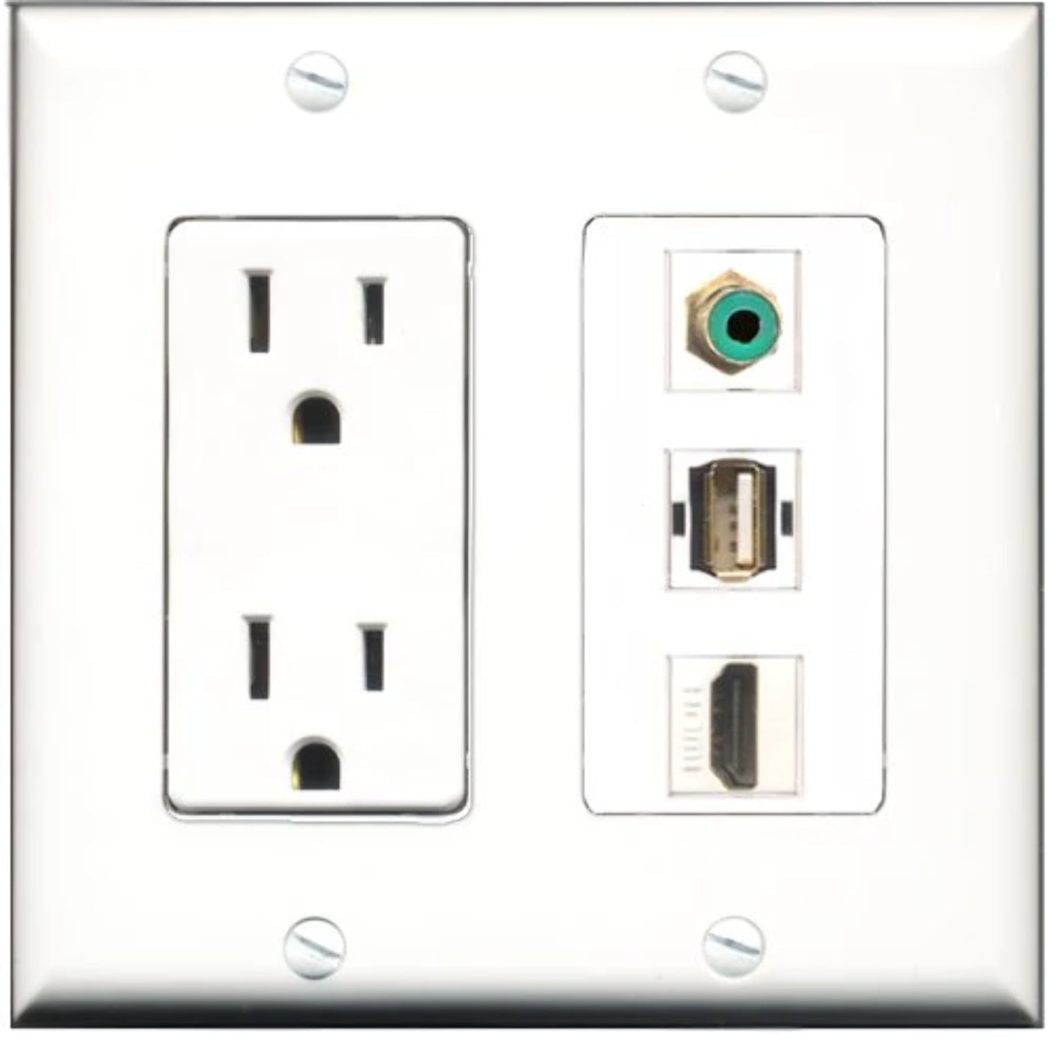 RiteAV - 15 Amp Power Outlet 1 Port HDMI 1 Port RCA Green 1 Port USB A-A Decorative Wall Plate