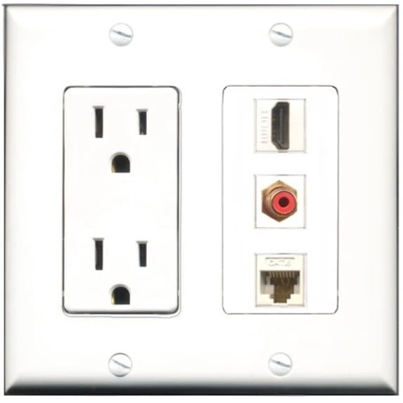 RiteAV - 15 Amp Power Outlet 1 Port HDMI 1 Port RCA Red 1 Port Cat6 Ethernet Ethernet White Decorative Wall Plate