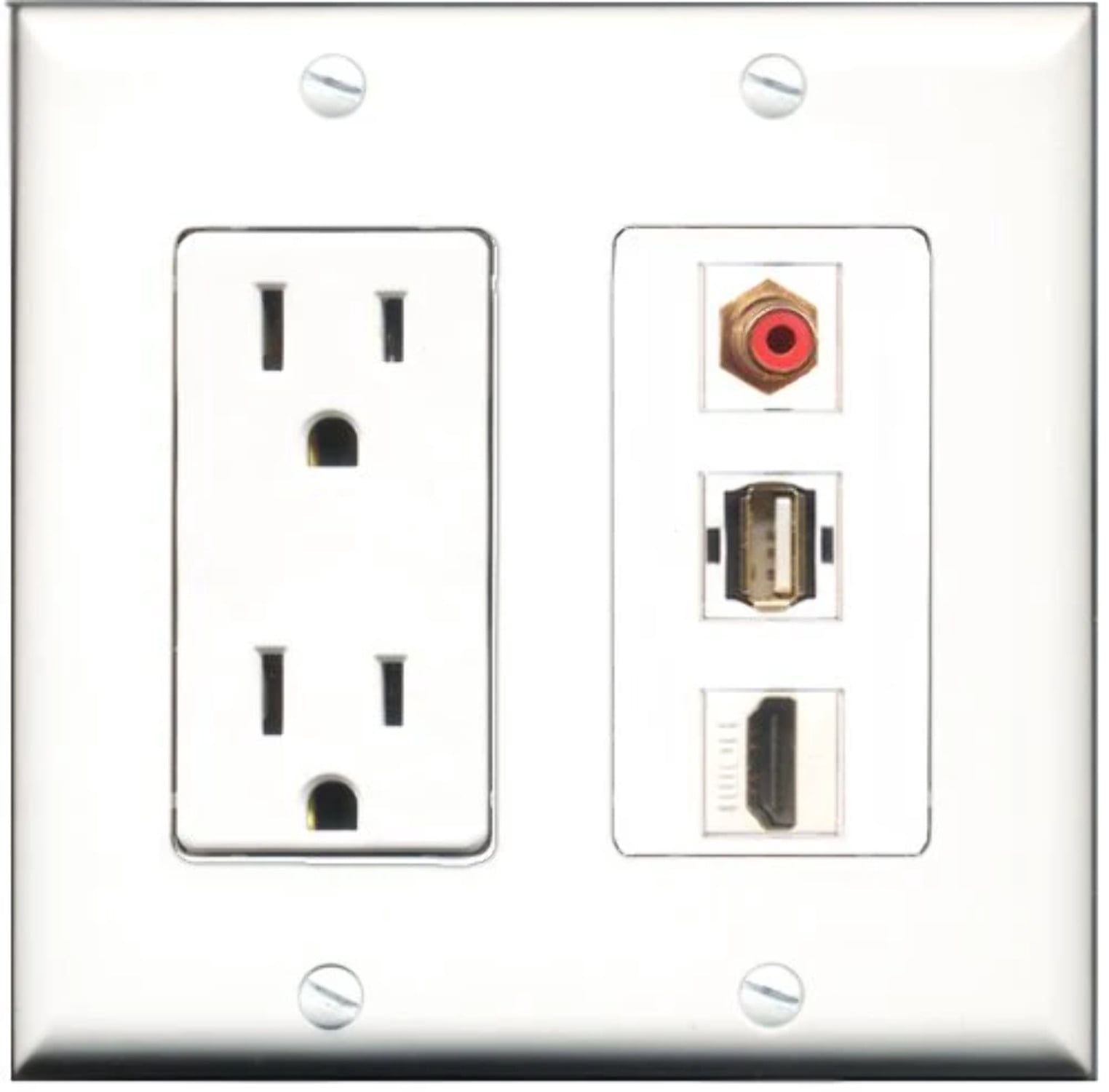 RiteAV - 15 Amp Power Outlet 1 Port HDMI 1 Port RCA Red 1 Port USB A-A Decorative Wall Plate