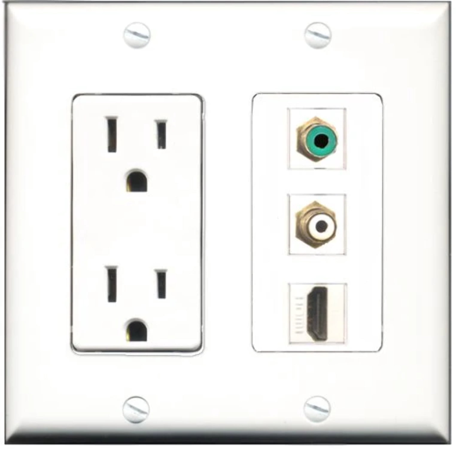 RiteAV - 15 Amp Power Outlet 1 Port HDMI 1 Port RCA White 1 Port RCA Green Decorative Wall Plate