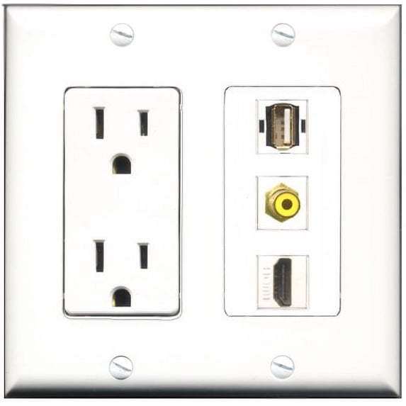 RiteAV - 15 Amp Power Outlet 1 Port HDMI 1 Port RCA Yellow 1 Port USB A-A Decorative Wall Plate