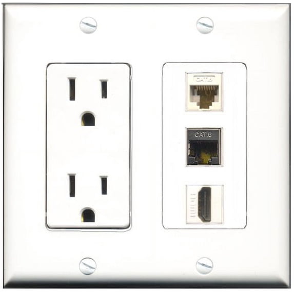 RiteAV - 15 Amp Power Outlet 1 Port HDMI 1 Port Shielded Cat6 Ethernet Ethernet 1 Port Cat6 Ethernet Ethernet White Decorative Wall Plate
