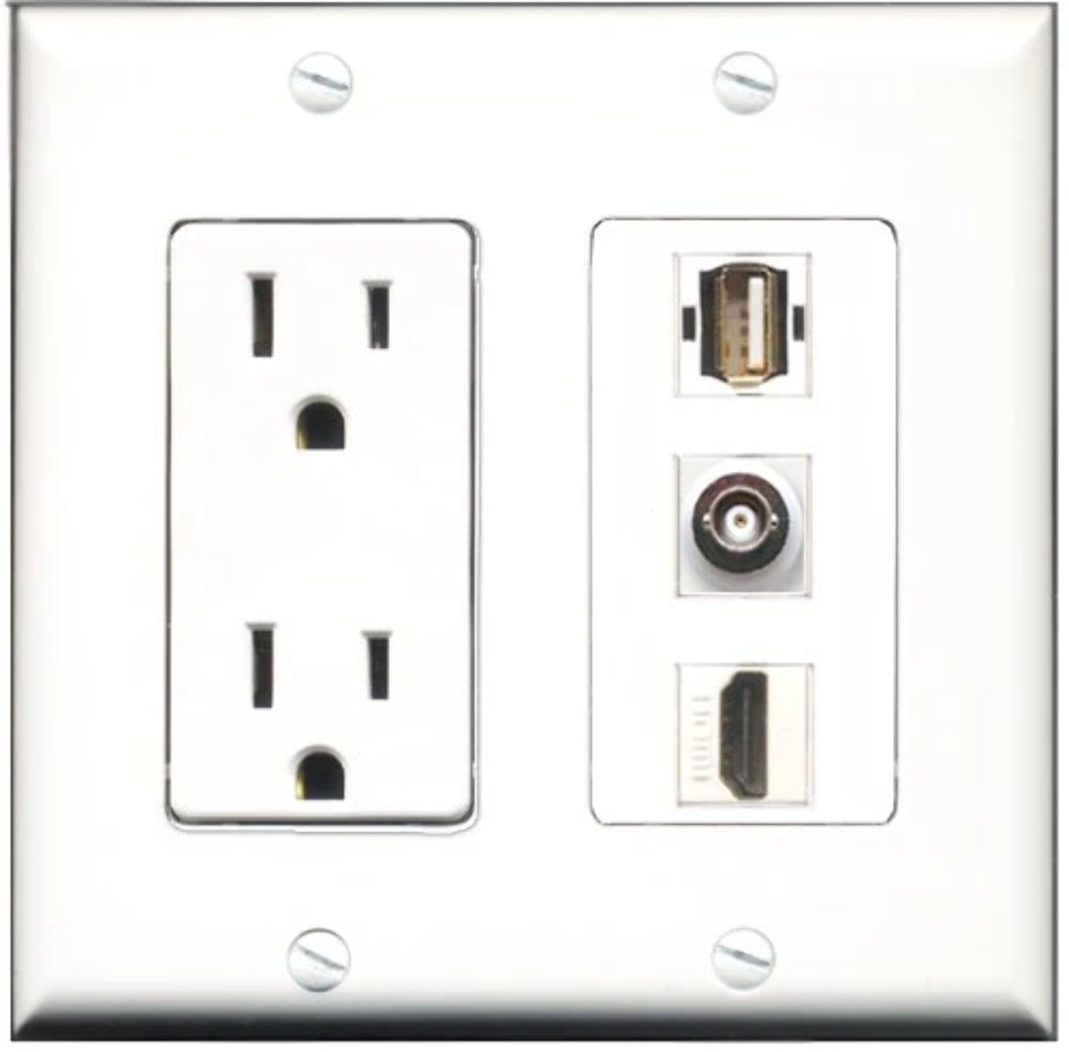 RiteAV - 15 Amp Power Outlet 1 Port HDMI 1 Port USB A-A 1 Port BNC Decorative Wall Plate