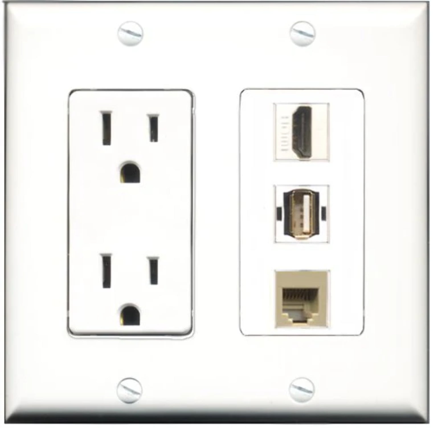 RiteAV - 15 Amp Power Outlet 1 Port HDMI 1 Port USB A-A 1 Port Phone Beige Decorative Wall Plate