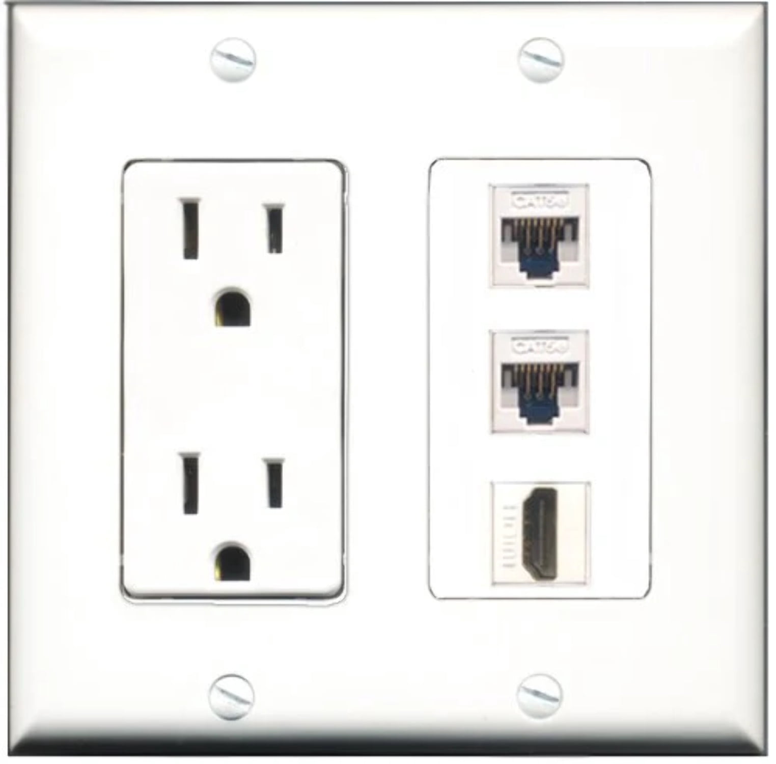 RiteAV - 15 Amp Power Outlet 1 Port HDMI 2 Port Cat5e Ethernet White Decorative Wall Plate