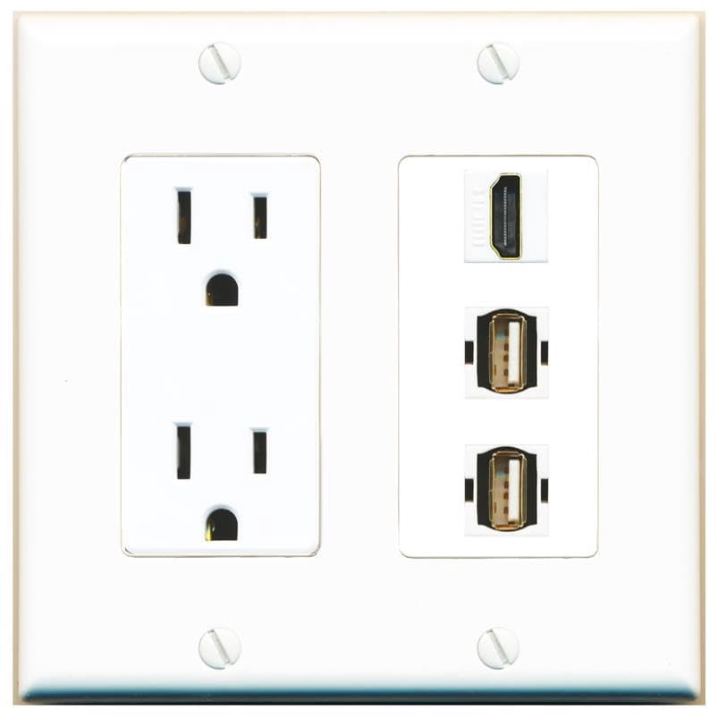 RiteAV 15 Amp Power Outlet 1 Port HDMI 2 USB2 Jack Coupler Female-Female Decorative Wall Plate [White]