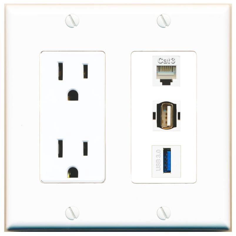 RiteAV 15 Amp Power Outlet 1 Port Phone 1 USB-3 1 USB2 Jack Coupler Female-Female Decorative Wall Plate [White]