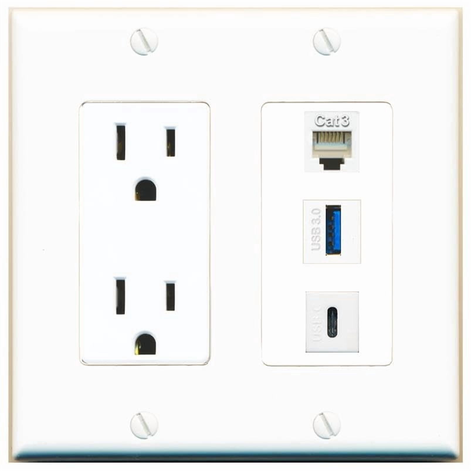 RiteAV 15 Amp Power Outlet 1 Port Phone 1 USB-3 1 USBC Jack Coupler Female-Female Decorative Wall Plate [White]