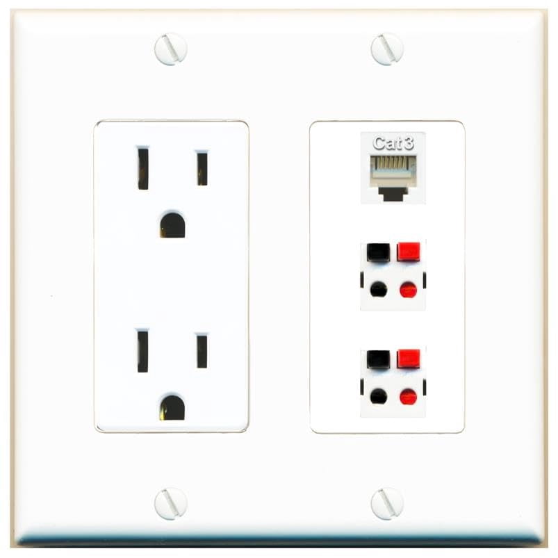RiteAV 15 Amp Power Outlet 1 Port Phone 2 Speaker Jack Coupler Female-Female Decorative Wall Plate [White]