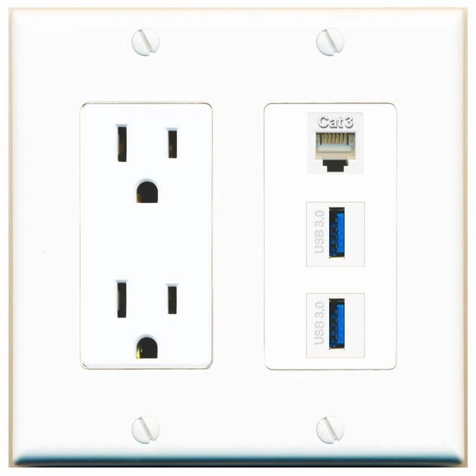 RiteAV 15 Amp Power Outlet 1 Port Phone 2 USB-3 Jack Coupler Female-Female Decorative Wall Plate [White]