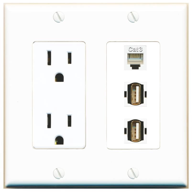 RiteAV 15 Amp Power Outlet 1 Port Phone 2 USB2 Jack Coupler Female-Female Decorative Wall Plate [White]