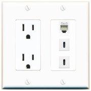 RiteAV 15 Amp Power Outlet 1 Port Phone 2 USBC Jack Coupler Female-Female Decorative Wall Plate [White]