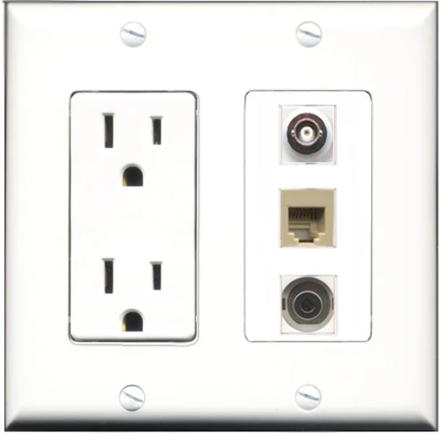 RiteAV - 15 Amp Power Outlet 1 Port Phone Beige 1 Port 3.5mm 1 Port BNC Decorative Wall Plate