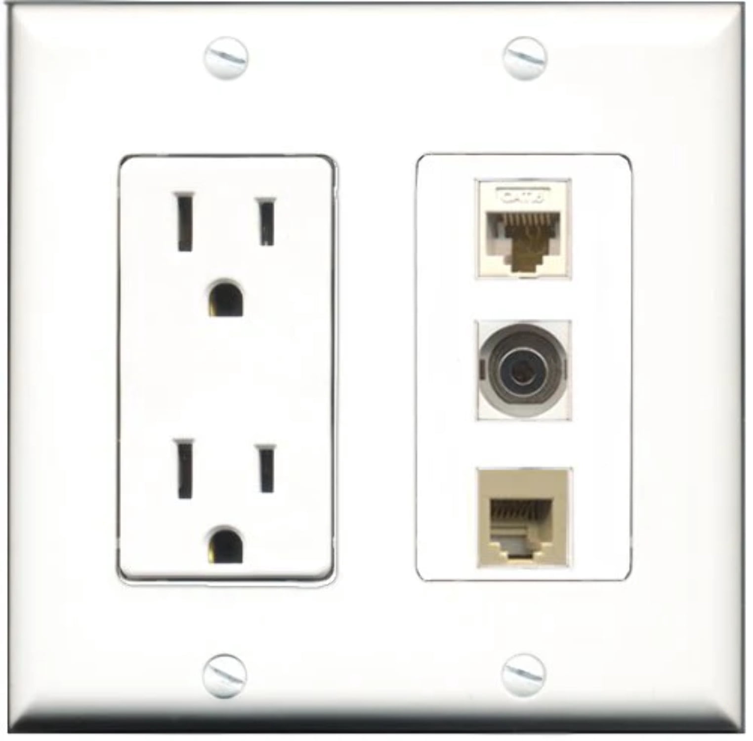 RiteAV - 15 Amp Power Outlet 1 Port Phone Beige 1 Port 3.5mm 1 Port Cat6 Ethernet Ethernet White Decorative Wall Plate