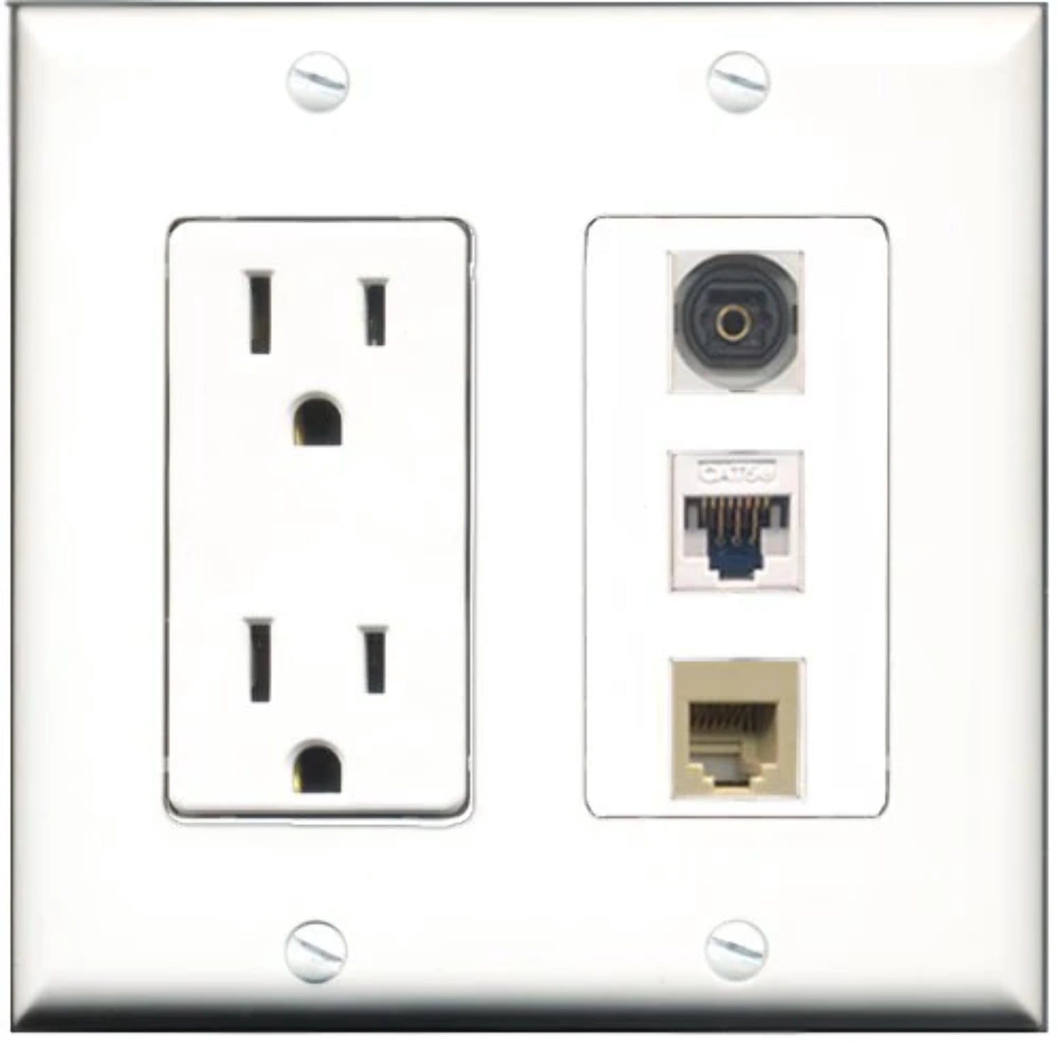 RiteAV - 15 Amp Power Outlet 1 Port Phone Beige 1 Port Toslink 1 Port Cat5e Ethernet White Decorative Wall Plate