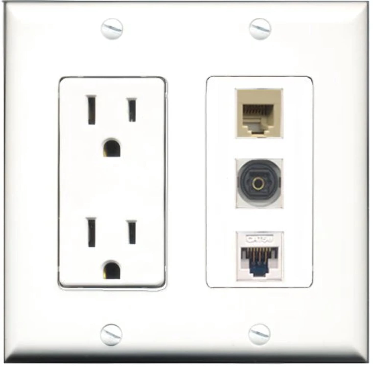 RiteAV - 15 Amp Power Outlet 1 Port Phone Beige 1 Port Toslink 1 Port Cat5e Ethernet White Decorative Wall Plate