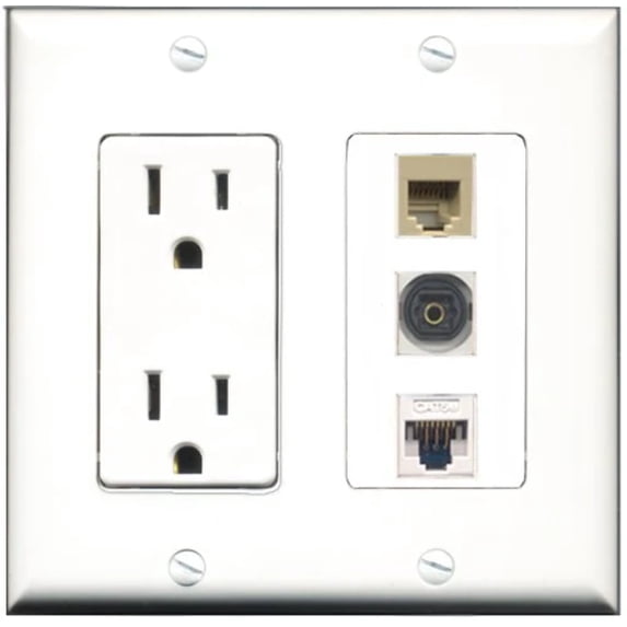 RiteAV - 15 Amp Power Outlet 1 Port Phone Beige 1 Port Toslink 1 Port Cat5e Ethernet White Decorative Wall Plate