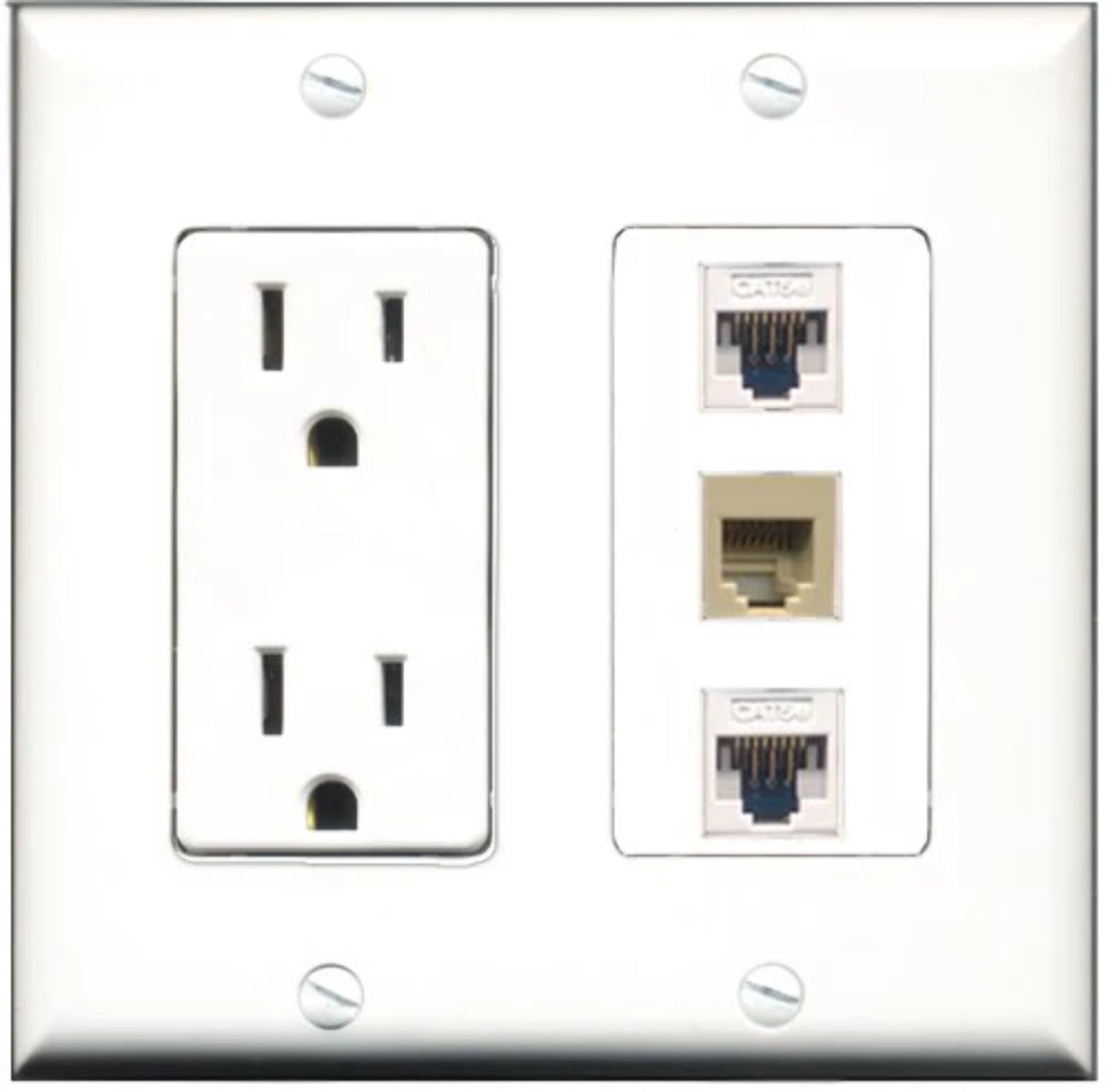 RiteAV - 15 Amp Power Outlet 1 Port Phone Beige 2 Port Cat5e Ethernet White Decorative Wall Plate