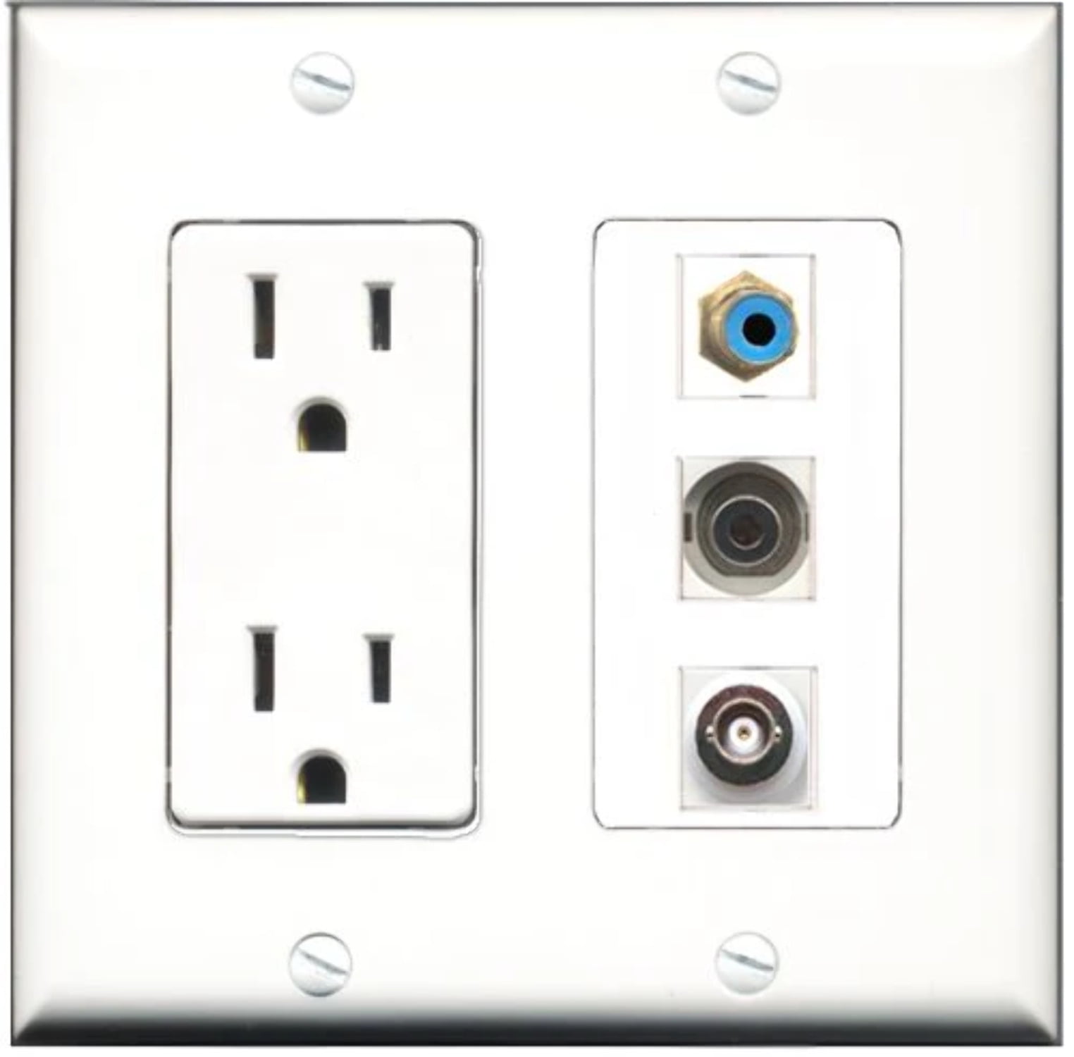 RiteAV - 15 Amp Power Outlet 1 Port RCA Blue 1 Port 3.5mm 1 Port BNC Decorative Wall Plate