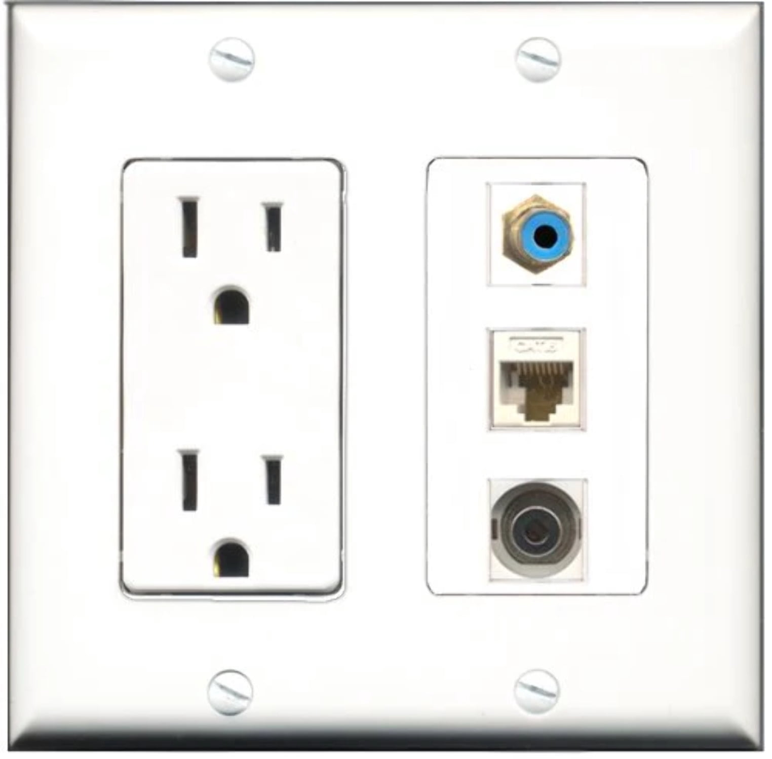 RiteAV - 15 Amp Power Outlet 1 Port RCA Blue 1 Port 3.5mm 1 Port Cat6 Ethernet Ethernet White Decorative Wall Plate