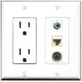 thumbnail image 1 of RiteAV - 15 Amp Power Outlet 1 Port RCA Blue 1 Port 3.5mm 1 Port Cat6 Ethernet Ethernet White Decorative Wall Plate, 1 of 1