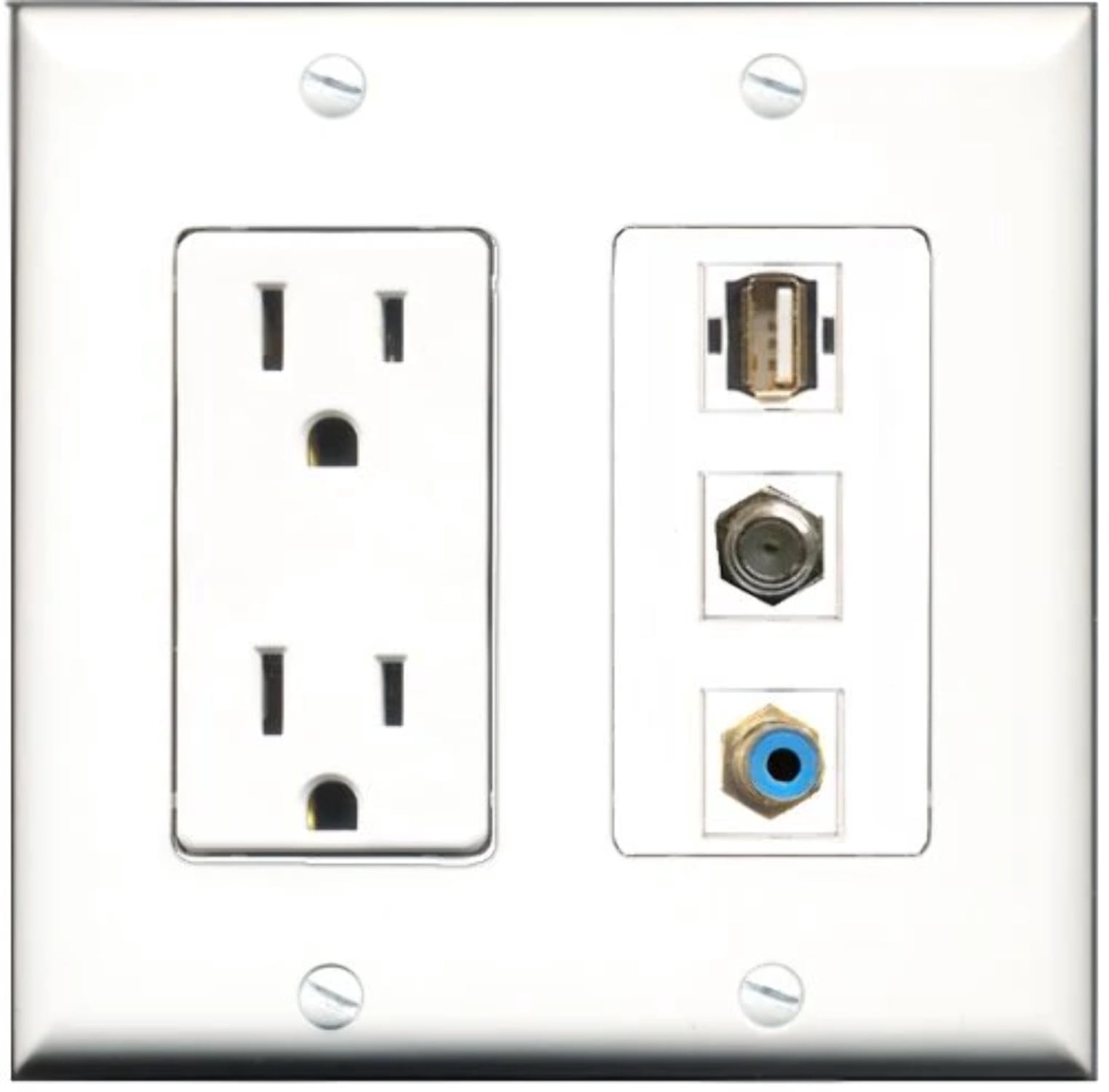 RiteAV - 15 Amp Power Outlet 1 Port RCA Blue 1 Port Coax 1 Port USB A-A Decorative Wall Plate