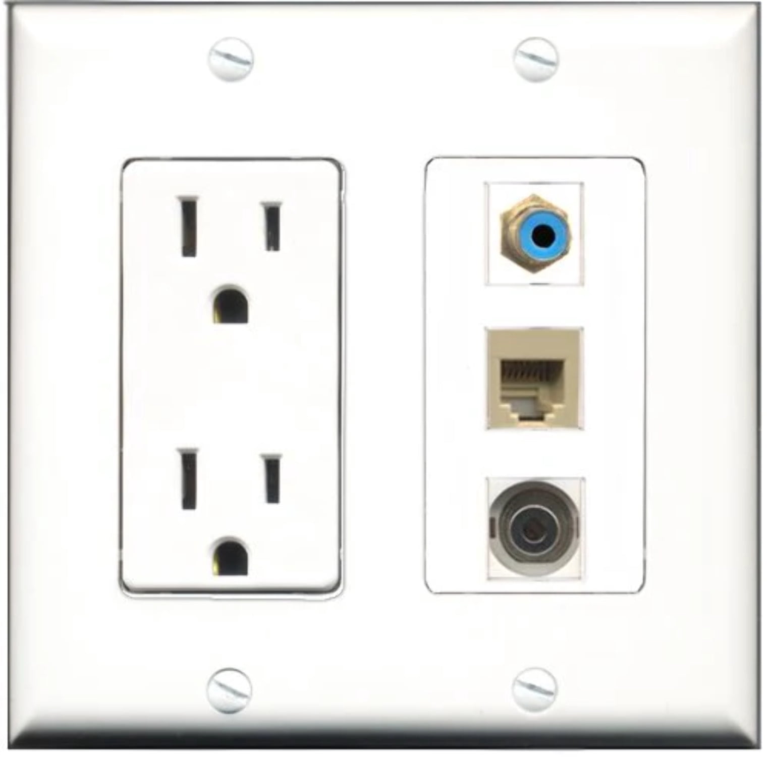 RiteAV - 15 Amp Power Outlet 1 Port RCA Blue 1 Port Phone Beige 1 Port 3.5mm Decorative Wall Plate