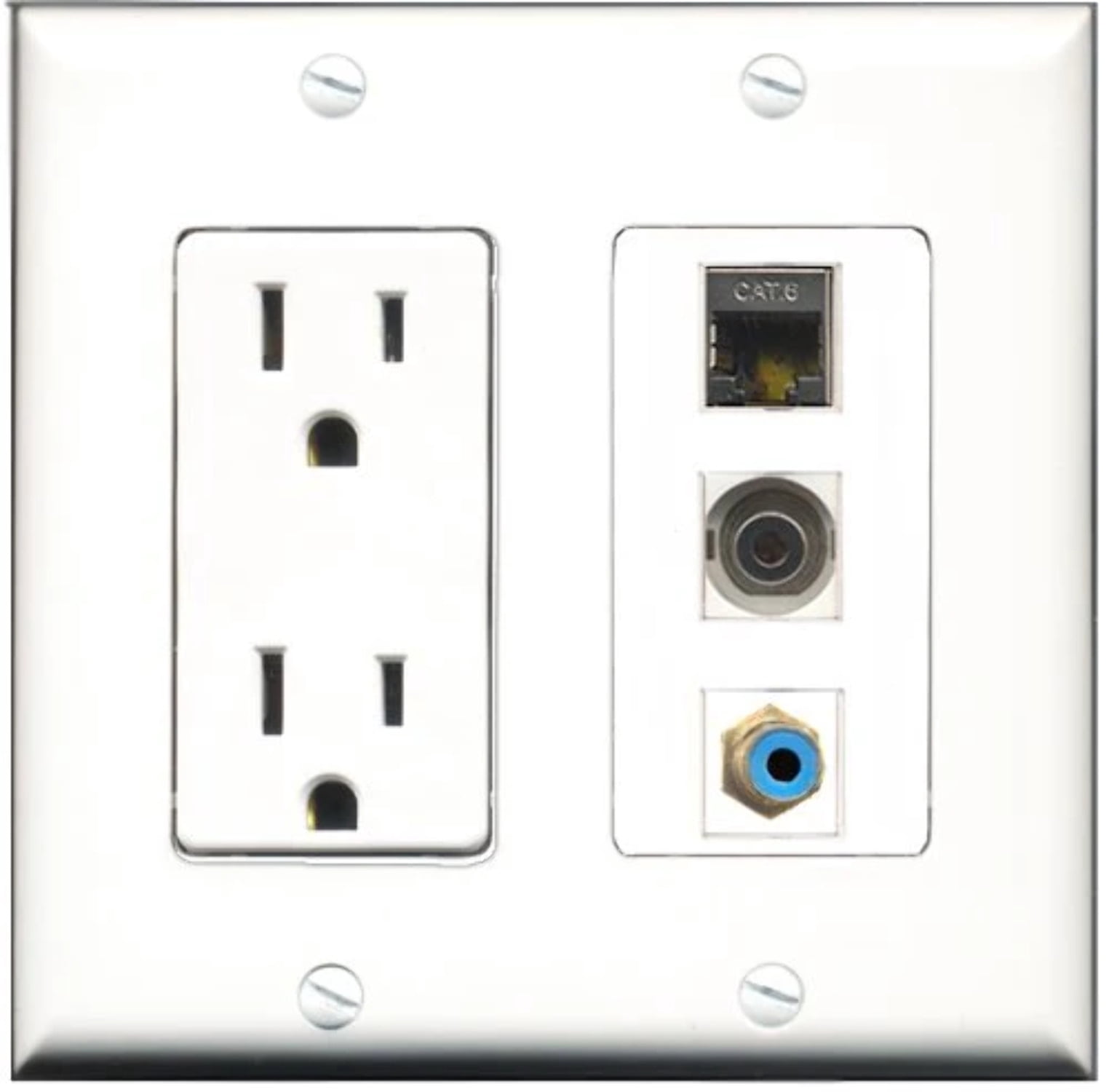 RiteAV - 15 Amp Power Outlet 1 Port RCA Blue 1 Port Shielded Cat6 Ethernet Ethernet 1 Port 3.5mm Decorative Wall Plate