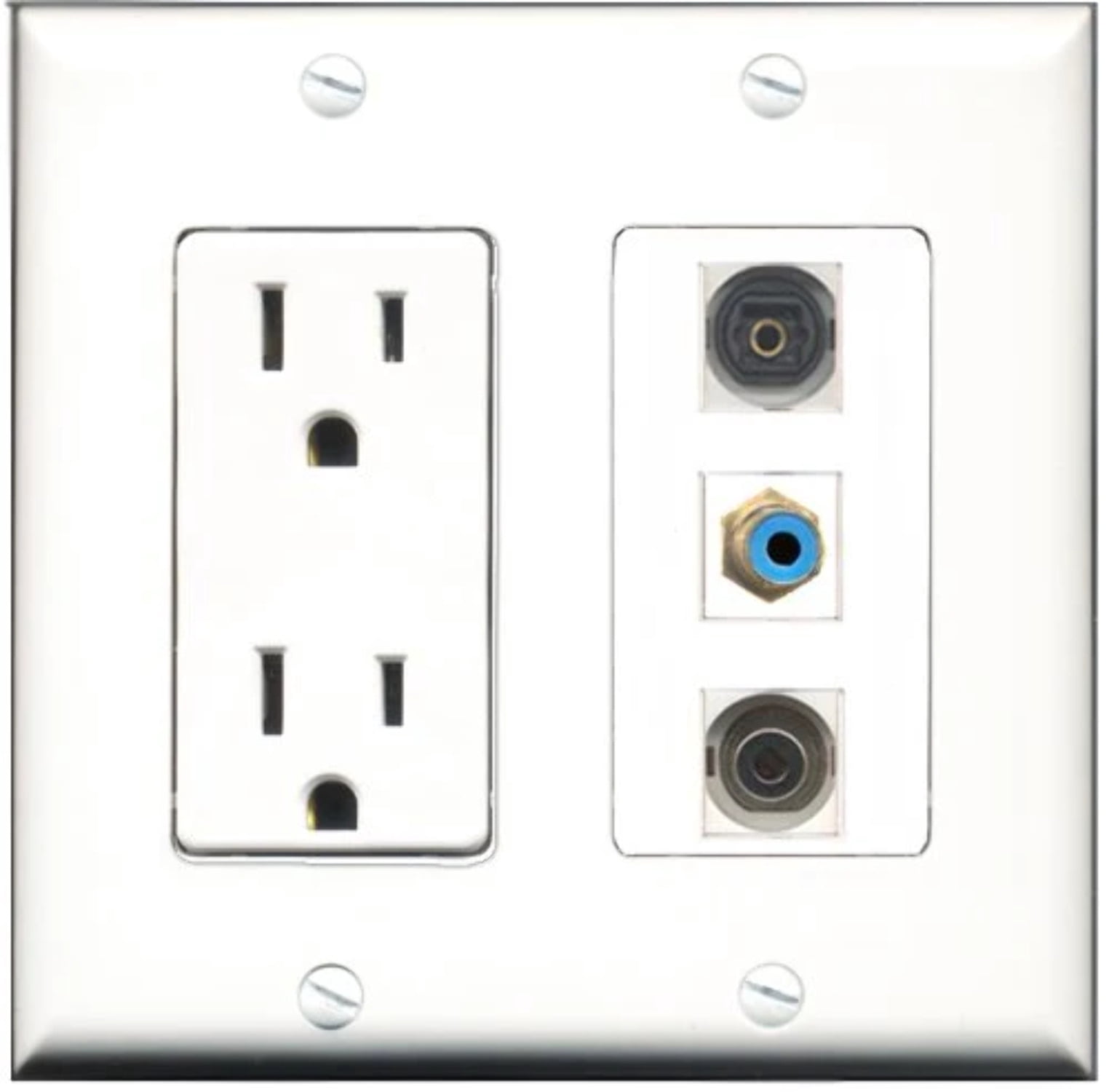 RiteAV - 15 Amp Power Outlet 1 Port RCA Blue 1 Port Toslink 1 Port 3.5mm Decorative Wall Plate