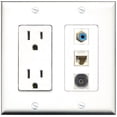thumbnail image 1 of RiteAV - 15 Amp Power Outlet 1 Port RCA Blue 1 Port Toslink 1 Port Cat6 Ethernet Ethernet White Decorative Wall Plate, 1 of 1