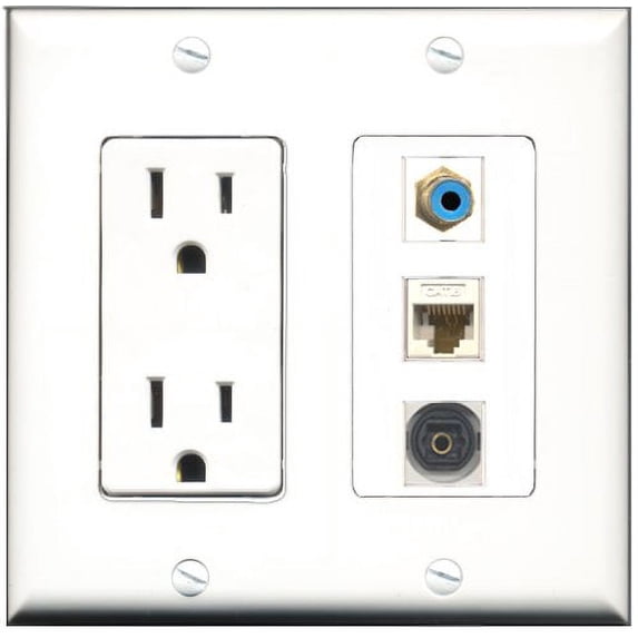RiteAV - 15 Amp Power Outlet 1 Port RCA Blue 1 Port Toslink 1 Port Cat6 Ethernet Ethernet White Decorative Wall Plate