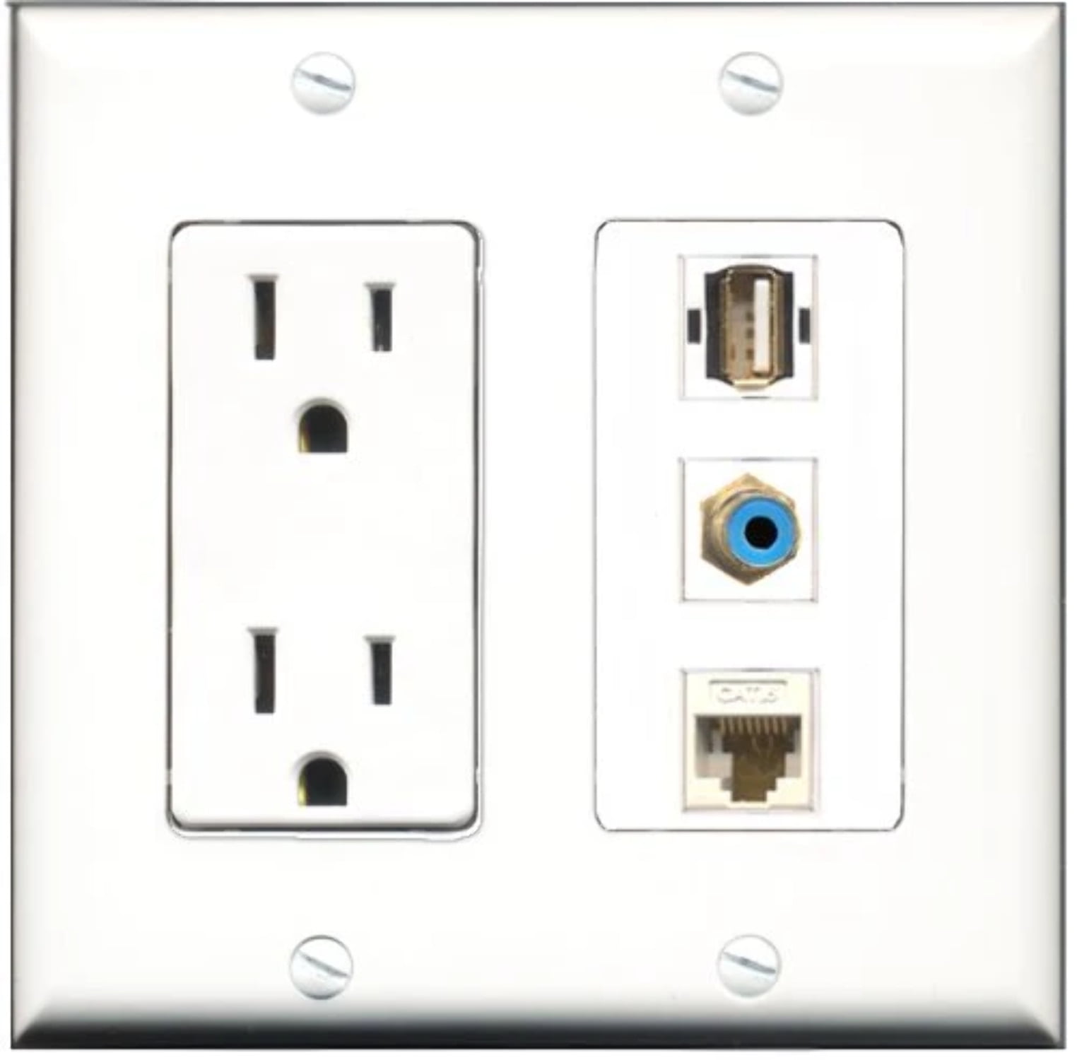 RiteAV - 15 Amp Power Outlet 1 Port RCA Blue 1 Port USB A-A 1 Port Cat6 Ethernet Ethernet White Decorative Wall Plate