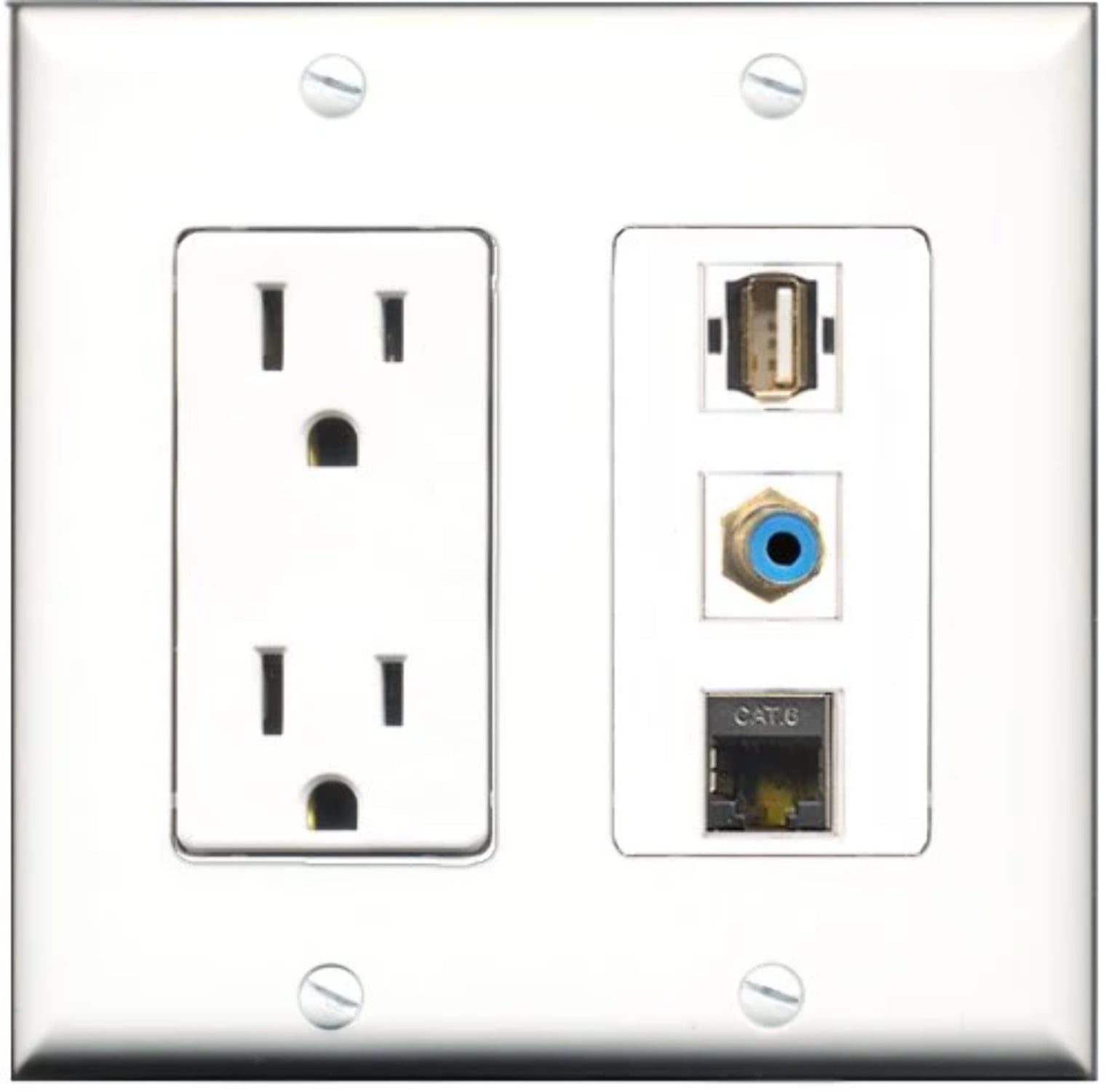 RiteAV - 15 Amp Power Outlet 1 Port RCA Blue 1 Port USB A-A 1 Port Shielded Cat6 Ethernet Ethernet Decorative Wall Plate
