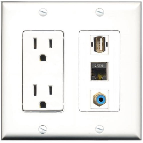 RiteAV - 15 Amp Power Outlet 1 Port RCA Blue 1 Port USB A-A 1 Port Shielded Cat6 Ethernet Ethernet Decorative Wall Plate