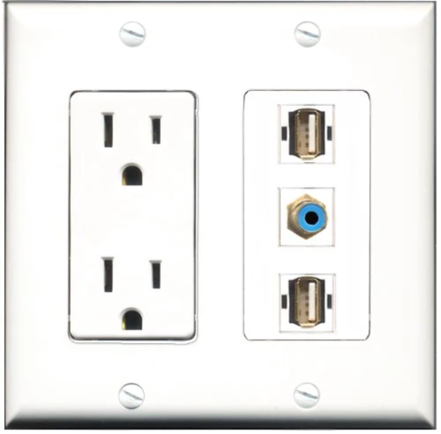RiteAV - 15 Amp Power Outlet 1 Port RCA Blue 2 Port USB A-A Decorative Wall Plate