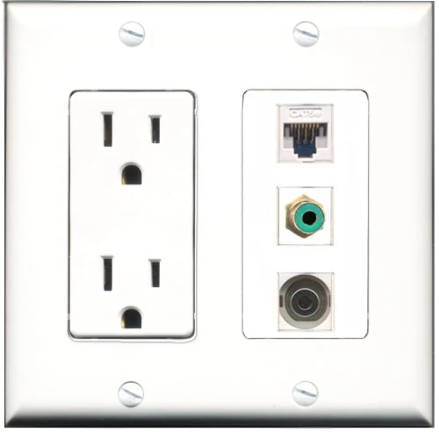 RiteAV - 15 Amp Power Outlet 1 Port RCA Green 1 Port 3.5mm 1 Port Cat5e Ethernet White Decorative Wall Plate
