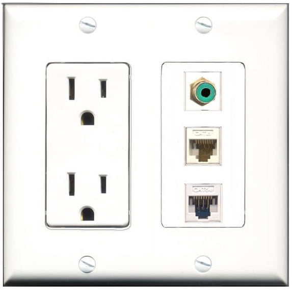 RiteAV - 15 Amp Power Outlet 1 Port RCA Green 1 Port Cat5e Ethernet White 1 Port Cat6 Ethernet Ethernet White Decorative Wall Plate