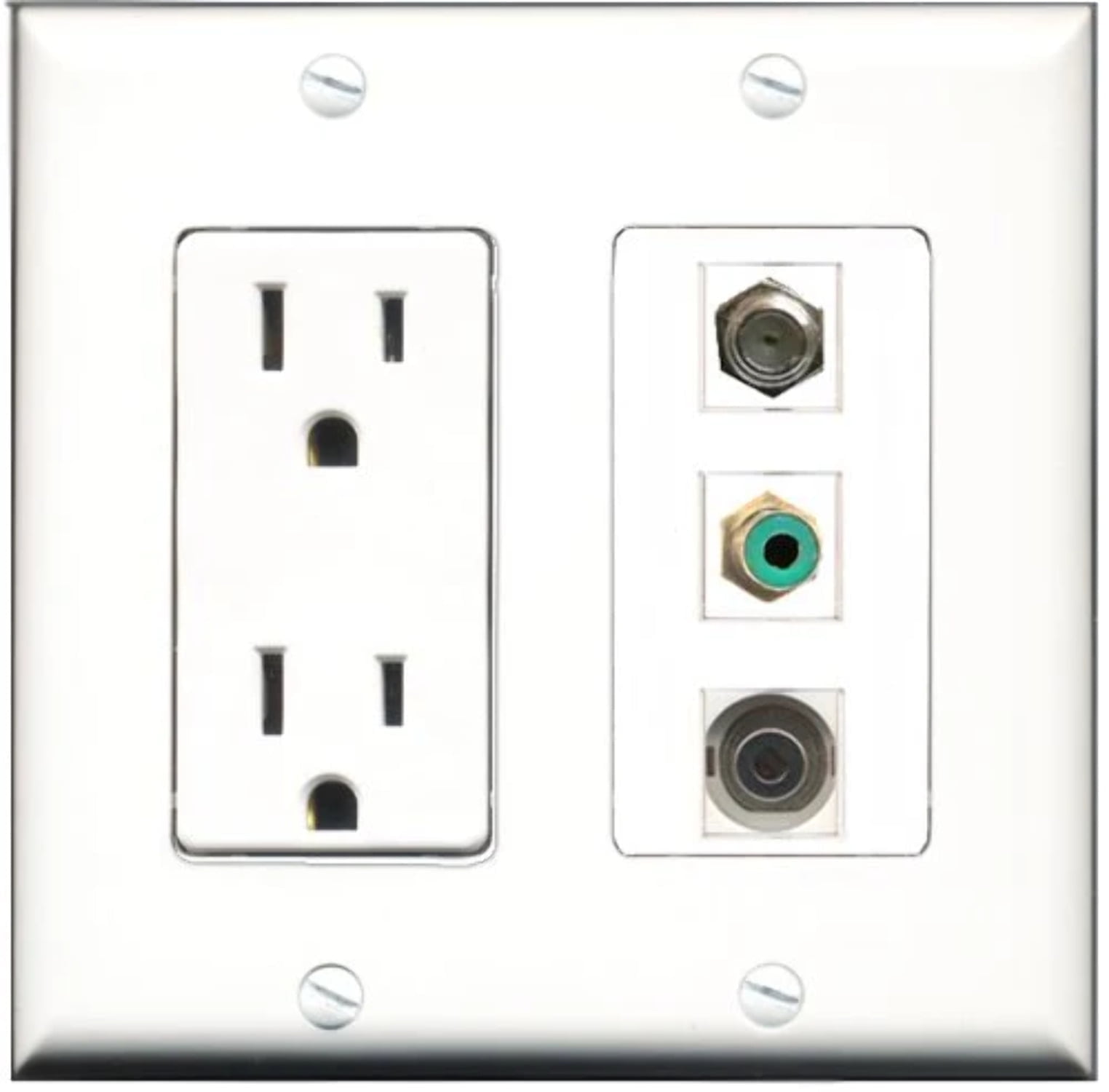 RiteAV - 15 Amp Power Outlet 1 Port RCA Green 1 Port Coax 1 Port 3.5mm Decorative Wall Plate