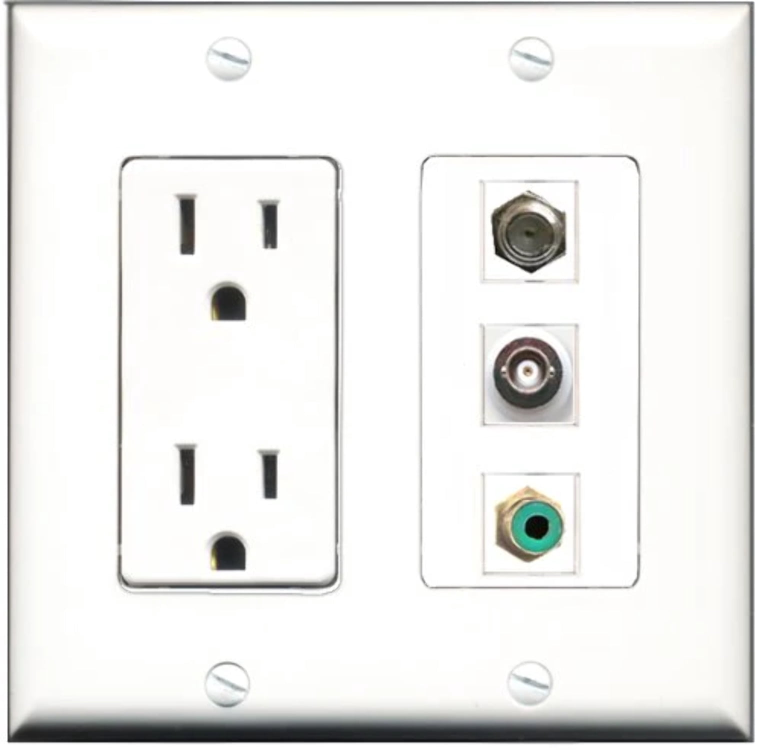 RiteAV - 15 Amp Power Outlet 1 Port RCA Green 1 Port Coax 1 Port BNC Decorative Wall Plate