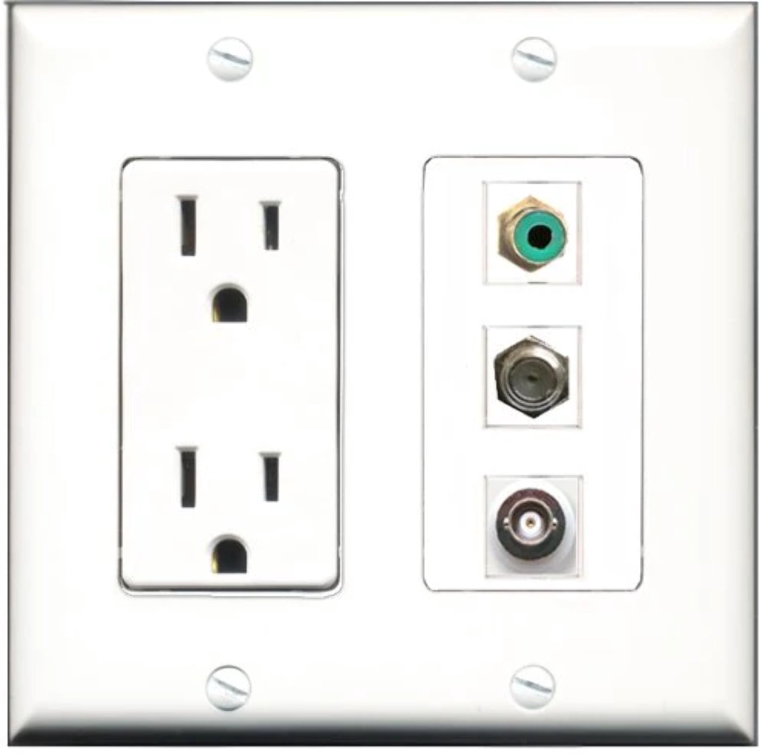 RiteAV - 15 Amp Power Outlet 1 Port RCA Green 1 Port Coax 1 Port BNC Decorative Wall Plate